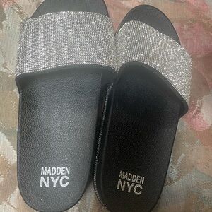 Madden NYC Black and Silver Slide Sandals